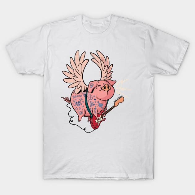 Pigs Rock! | Cute Tattoo Flying Pig playing guitar T-Shirt by rudyfaber